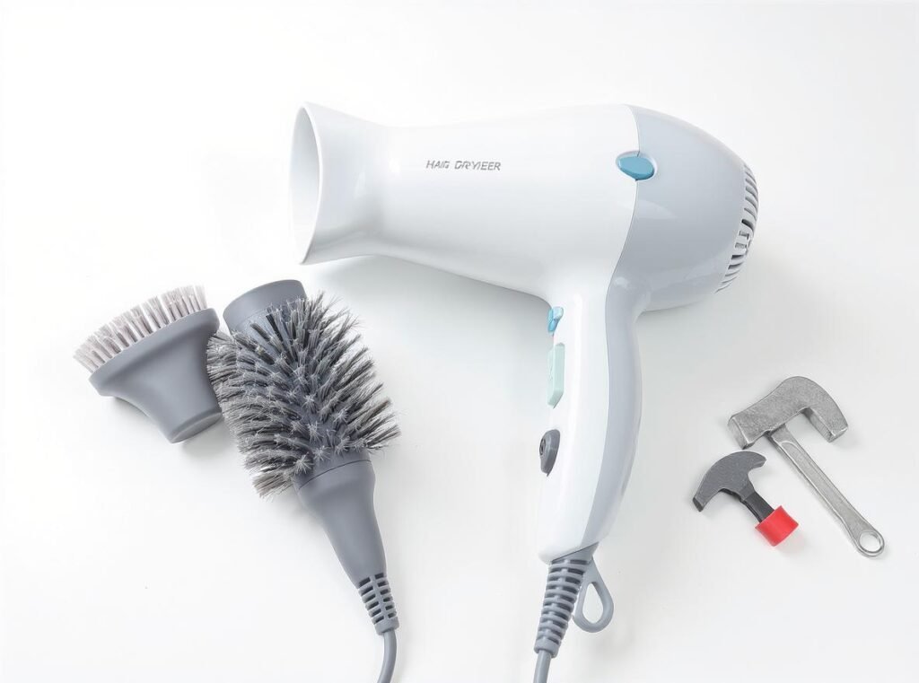 Well-maintained hair dryer with cleaning tools showing proper maintenance
