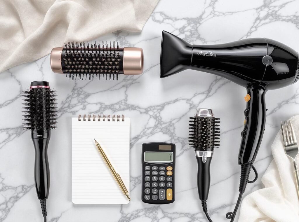 Comparison of different hair types being styled with hot air brush versus traditional dryer