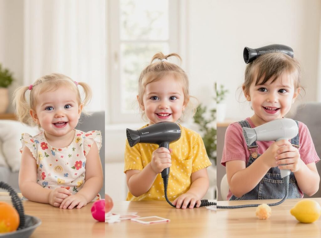 Three children of different ages with appropriate hair dryers for each stage