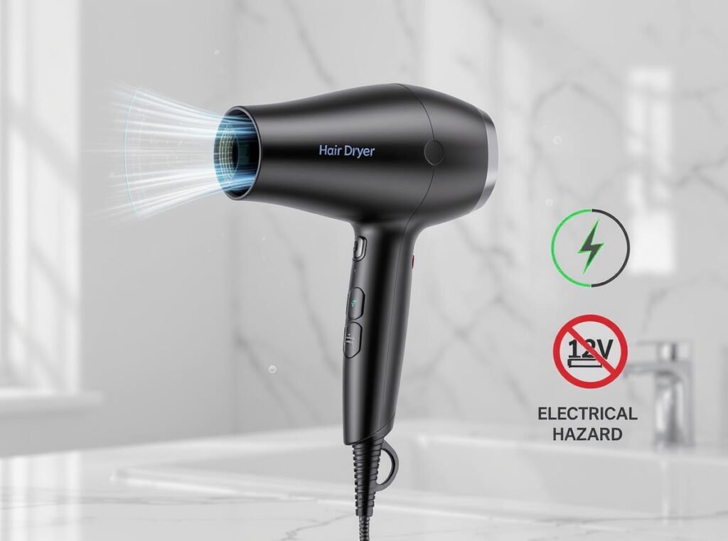 Cordless hair dryer eliminating electrical cord hazards in bathroom
