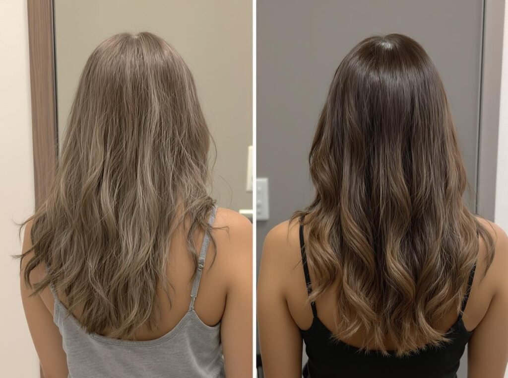 Comparison of ionic hair dryer effects on fine hair vs thick hair showing volume differences