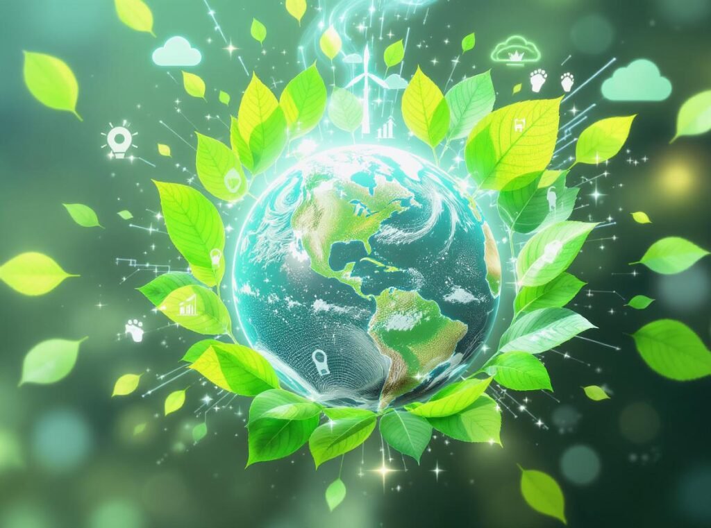 Environmental impact illustration showing Earth with green leaves and reduced carbon footprint symbols