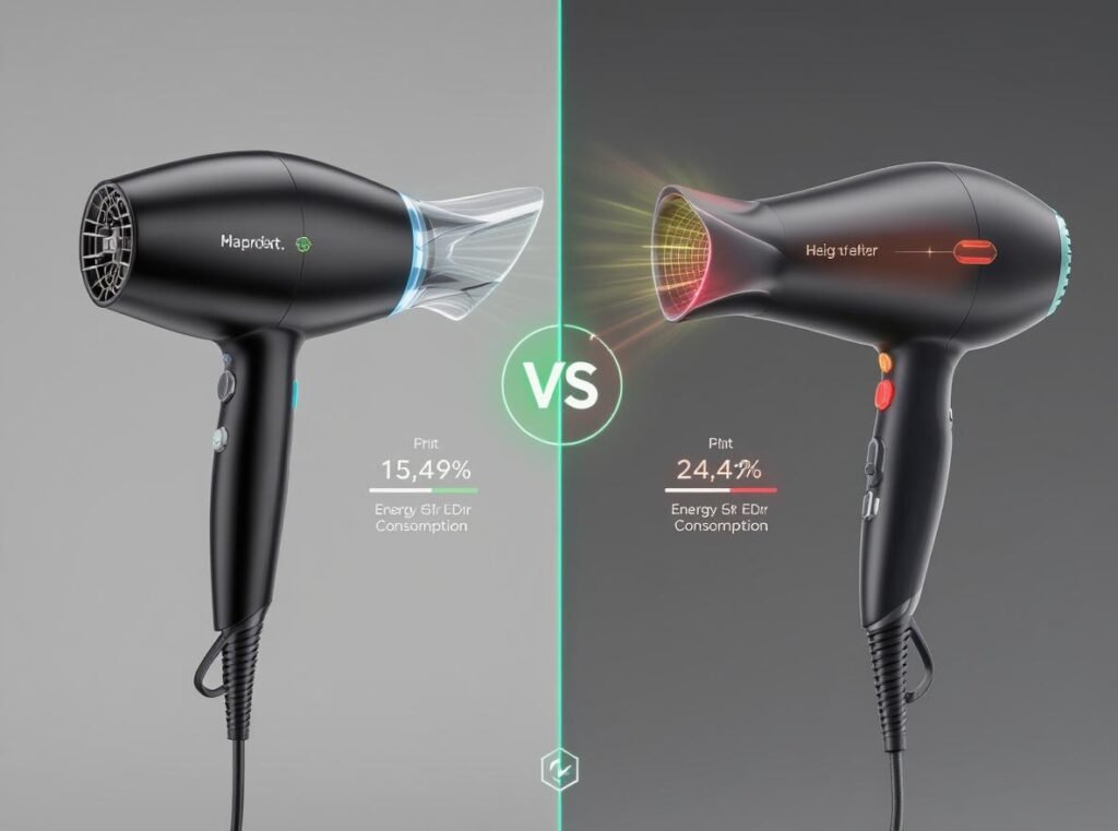 Comparison between traditional and energy-efficient hair dryers showing performance differences