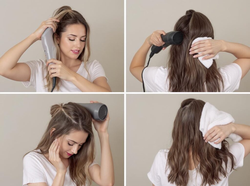 Step-by-step demonstration of proper low-temperature hair drying technique for sensitive scalps