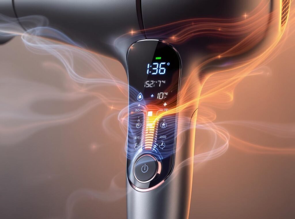 Digital hair dryer controls showing adjustable heat settings for different hair types