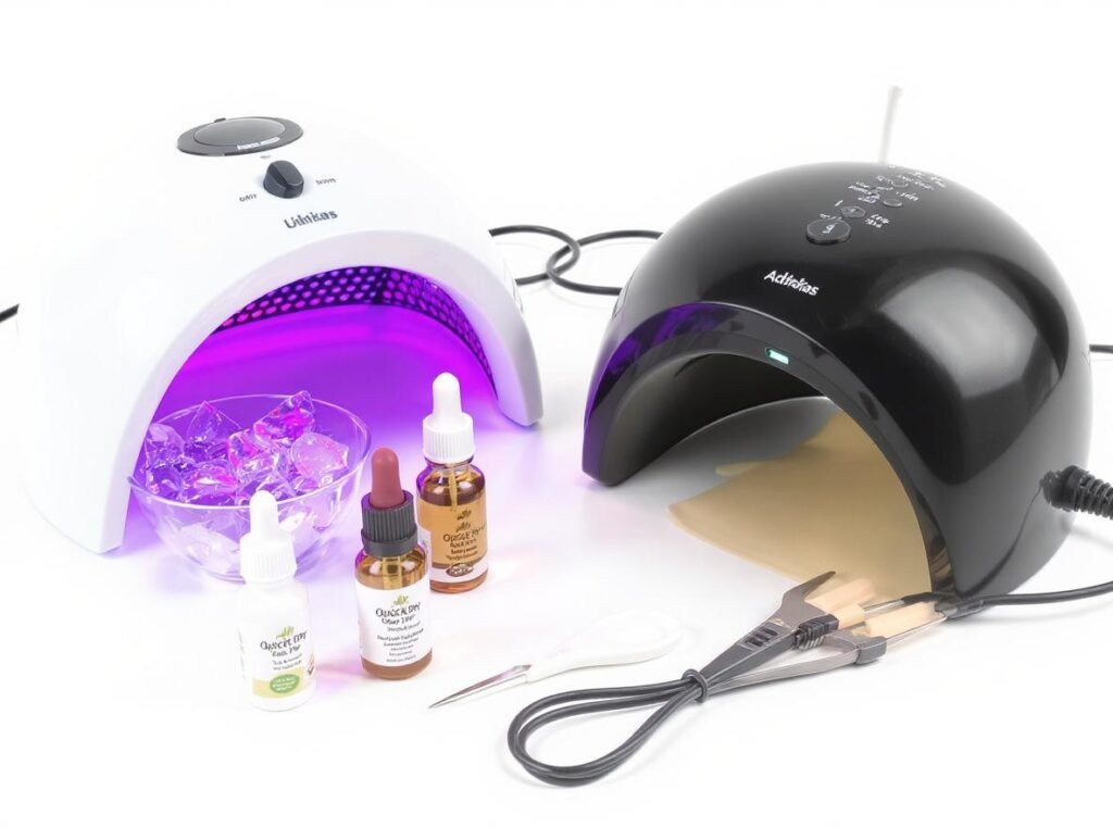 Various nail polish drying alternatives including UV lamp, ice water, and professional nail dryers