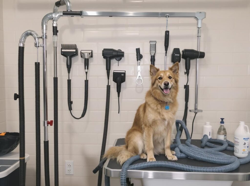 Specialized professional pet dryer features including flexible hoses and interchangeable nozzles