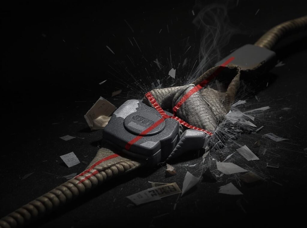 Over-extended retractable cord showing damage beyond safety marker