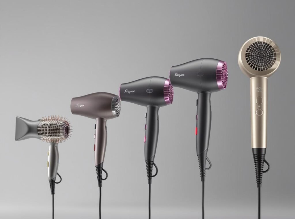 Hair dryer selection guide showing budget, mid-range, and premium models arranged by price and quality