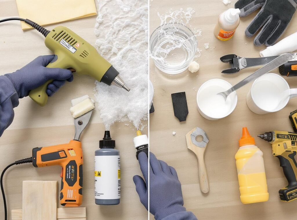 Professional hot glue removal tools including heat gun, solvents, and mechanical scrapers