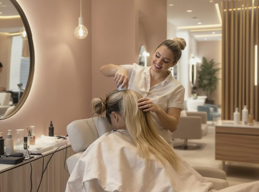 Professional hair stylist using scalp massage hair dryer in luxury salon