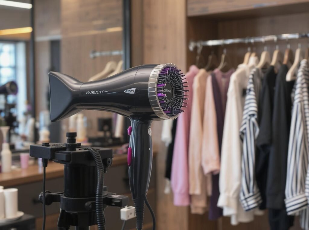 Professional hair dryer setup for wrinkle removal in salon environment