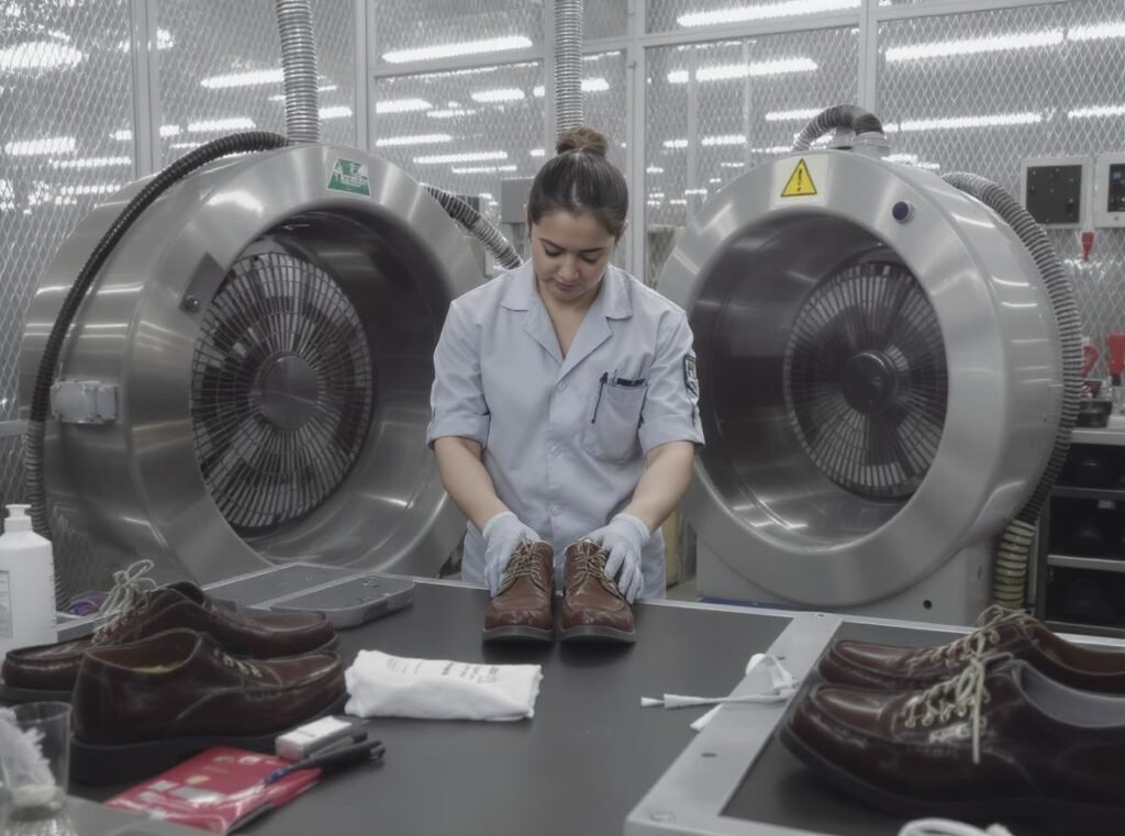 Professional shoe care facility showing manufacturer-recommended drying methods
