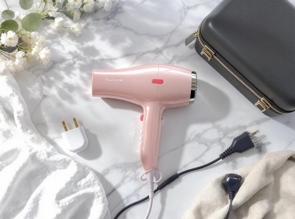 Travel hair dryer solution with dual voltage and UK plug adapter