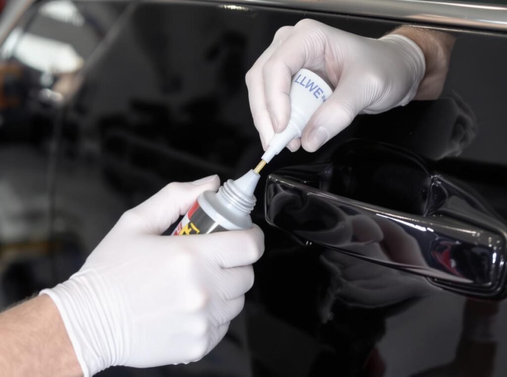 Hands applying lubricant to car door lock for winter prevention maintenance