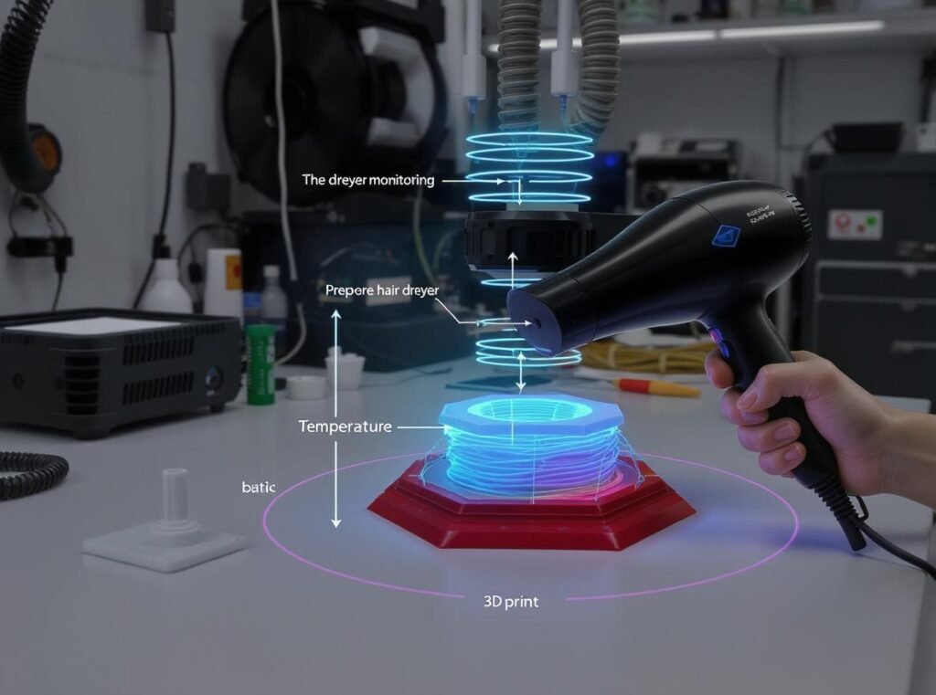 Safe hair dryer usage for 3D printing with proper distance and ventilation