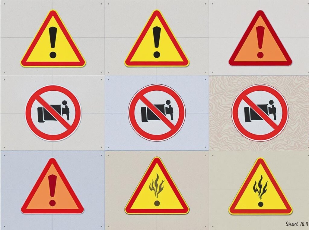 Warning illustration showing paint types and situations where hair dryers should not be used