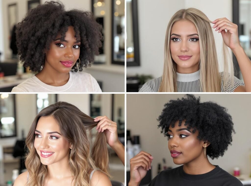 Different hair types being styled with professional hair dryers