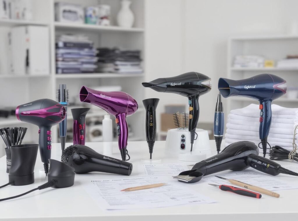 Professional display of high-speed hair dryers with specifications for wholesale buyers