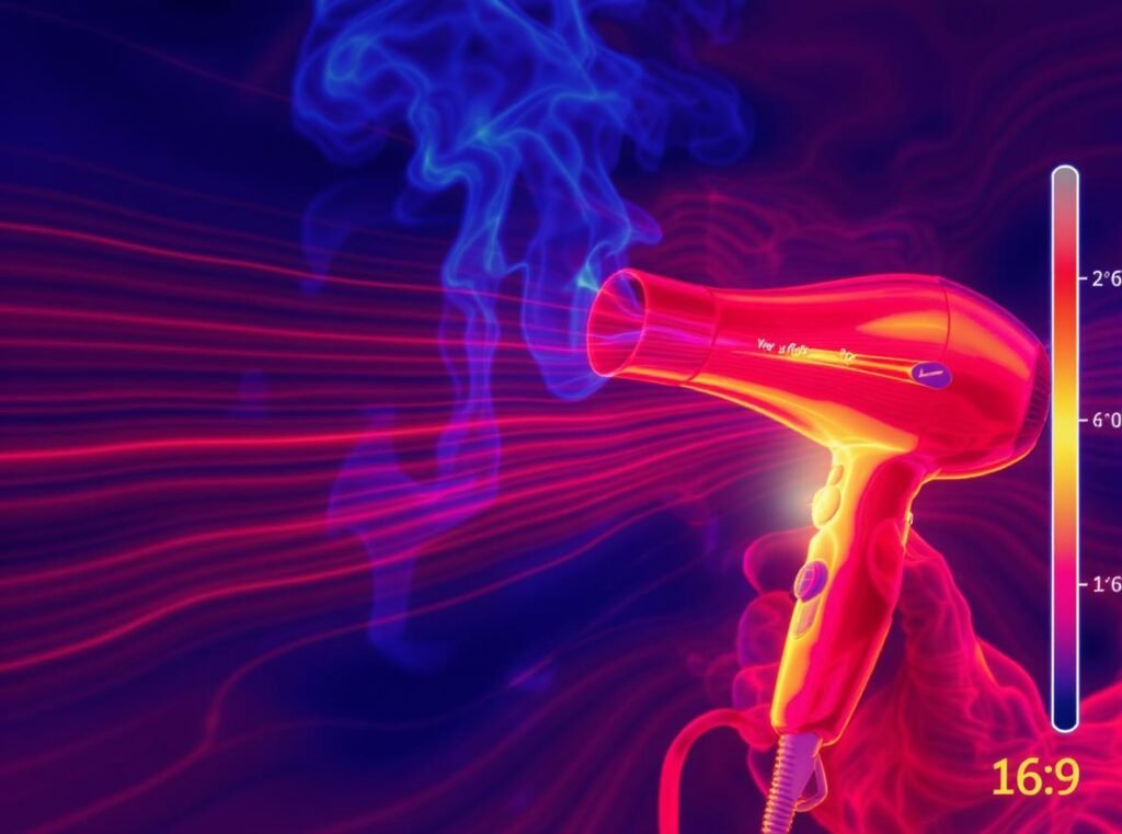 Hair dryer overheating signs with temperature indicators and warning symbols