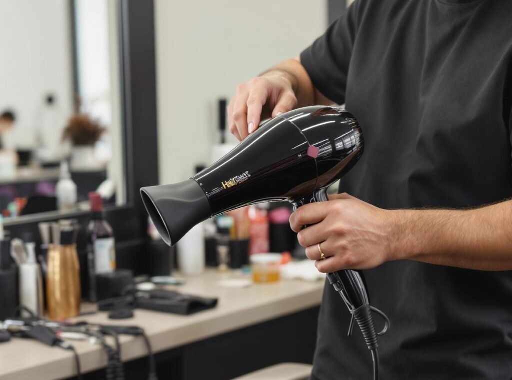Professional hairstylist using commercial-grade hair dryer in salon setting