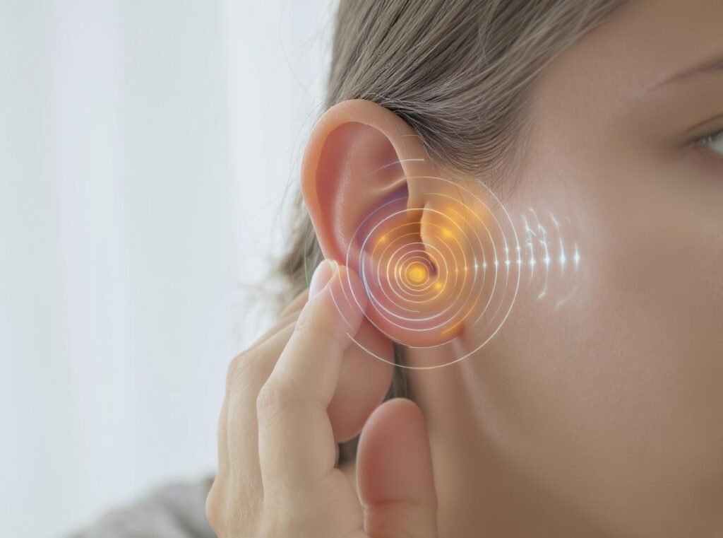 Person experiencing tinnitus and hearing damage symptoms from hair dryer use