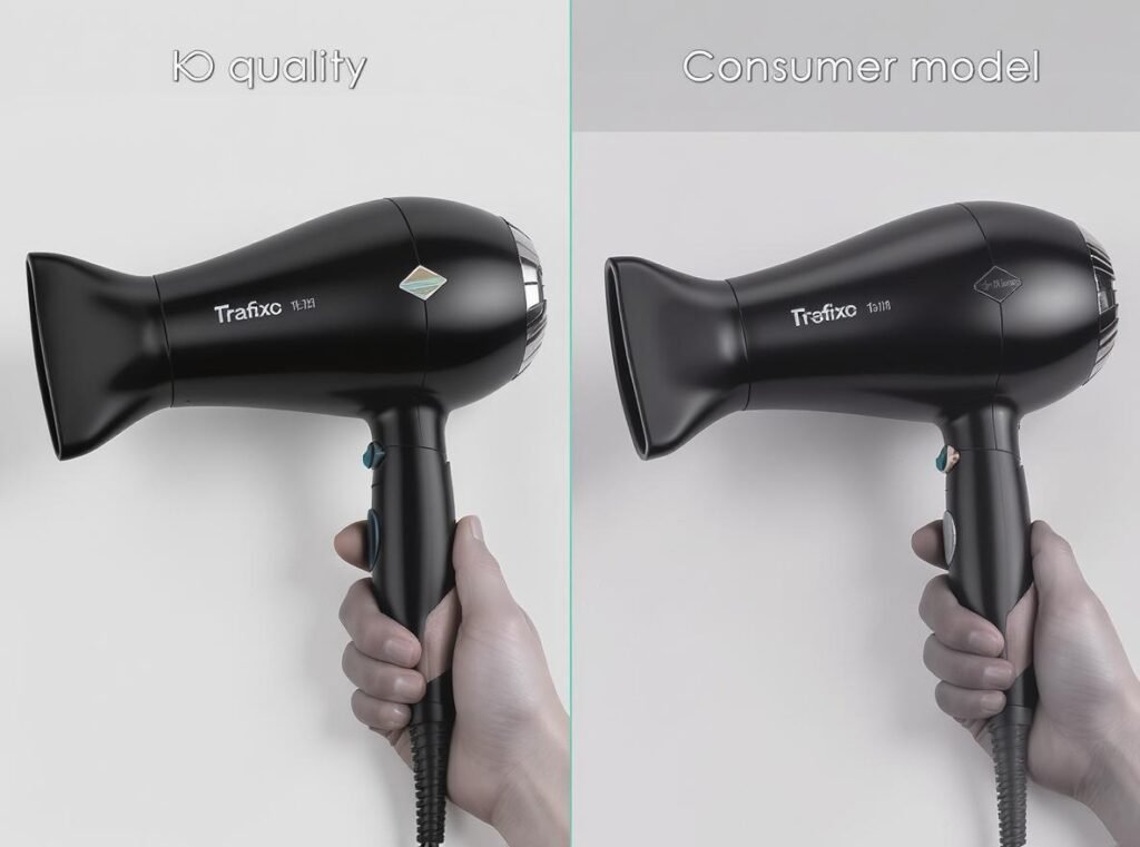 Professional salon hair dryer compared to consumer model showing quality differences