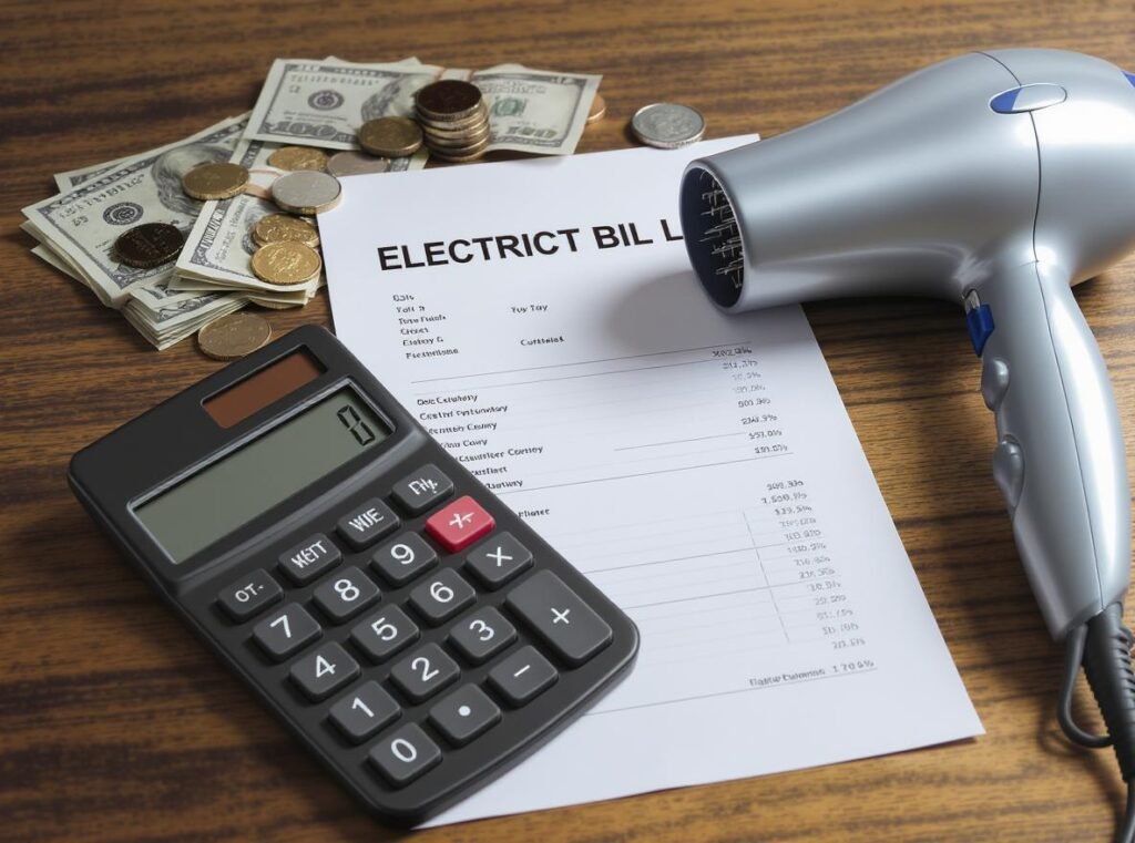 Hair dryer energy cost calculation with calculator, bills, and financial planning materials