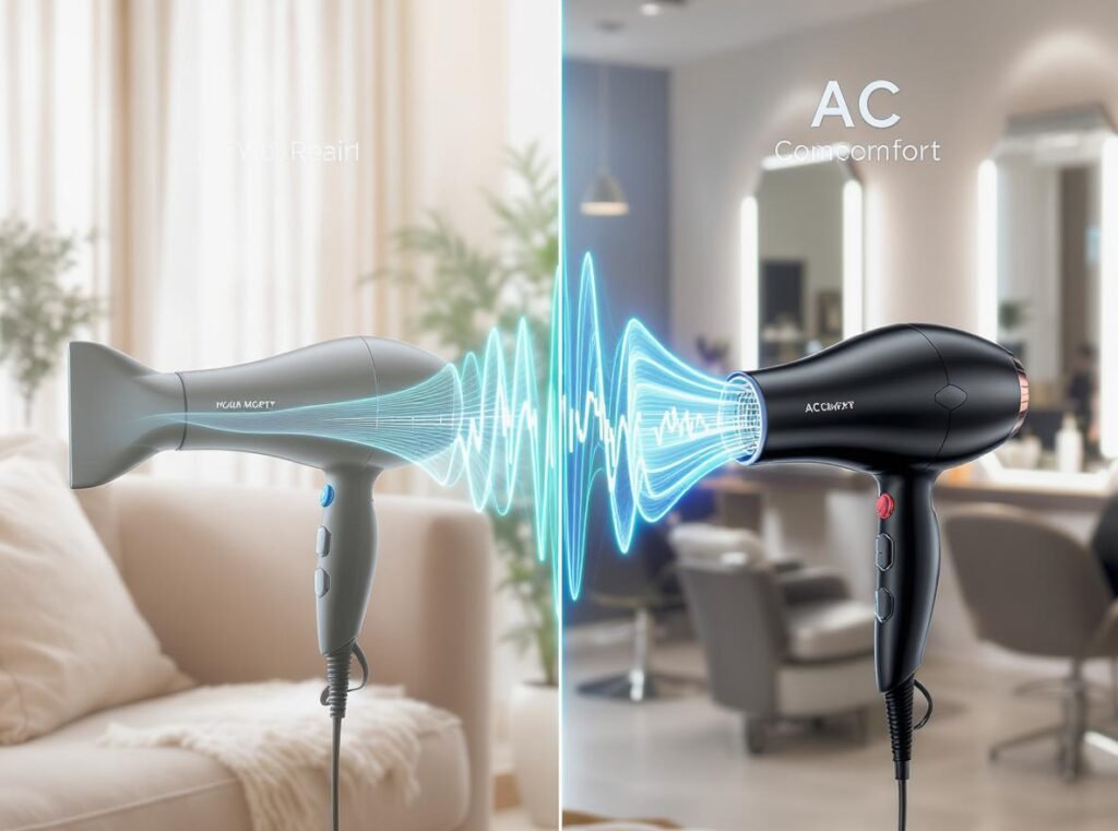 Noise level comparison between quiet DC motor and AC motor hair dryers in different environments
