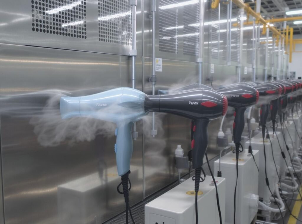 Quality control testing of 12-volt hair dryers for durability and reliability