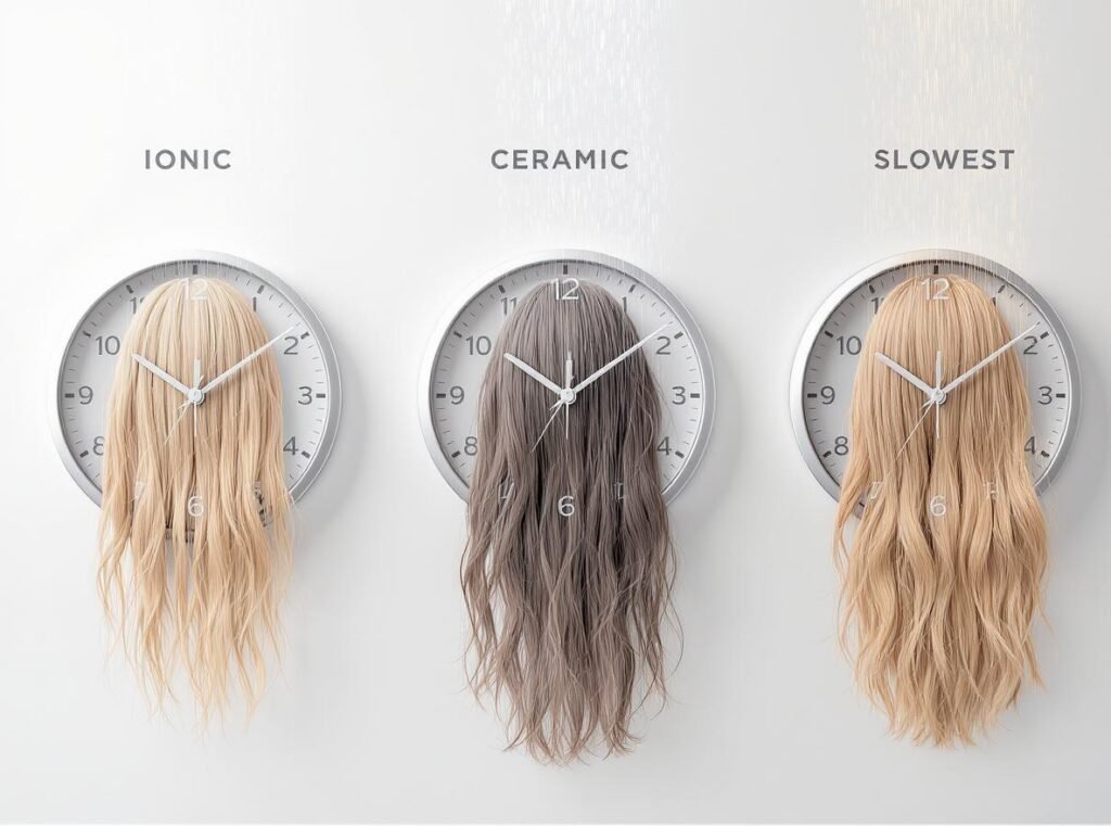 Hair drying time comparison between ionic, ceramic, and traditional dryers