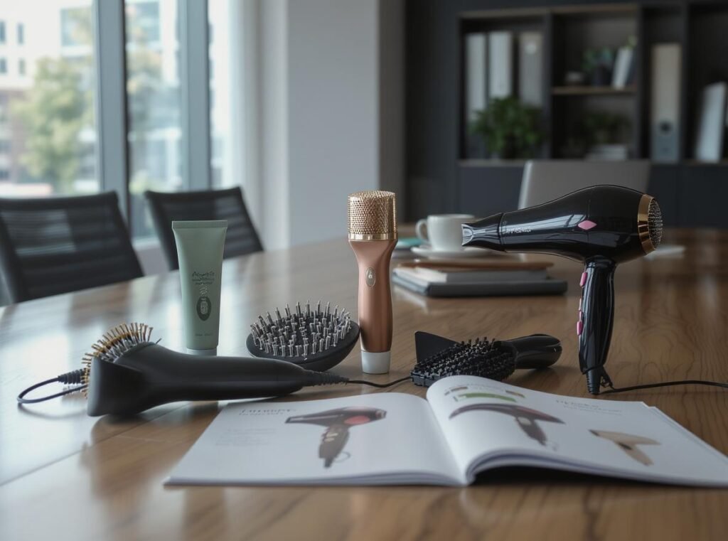 Business meeting discussing hair dryer wattage selection for wholesale inventory