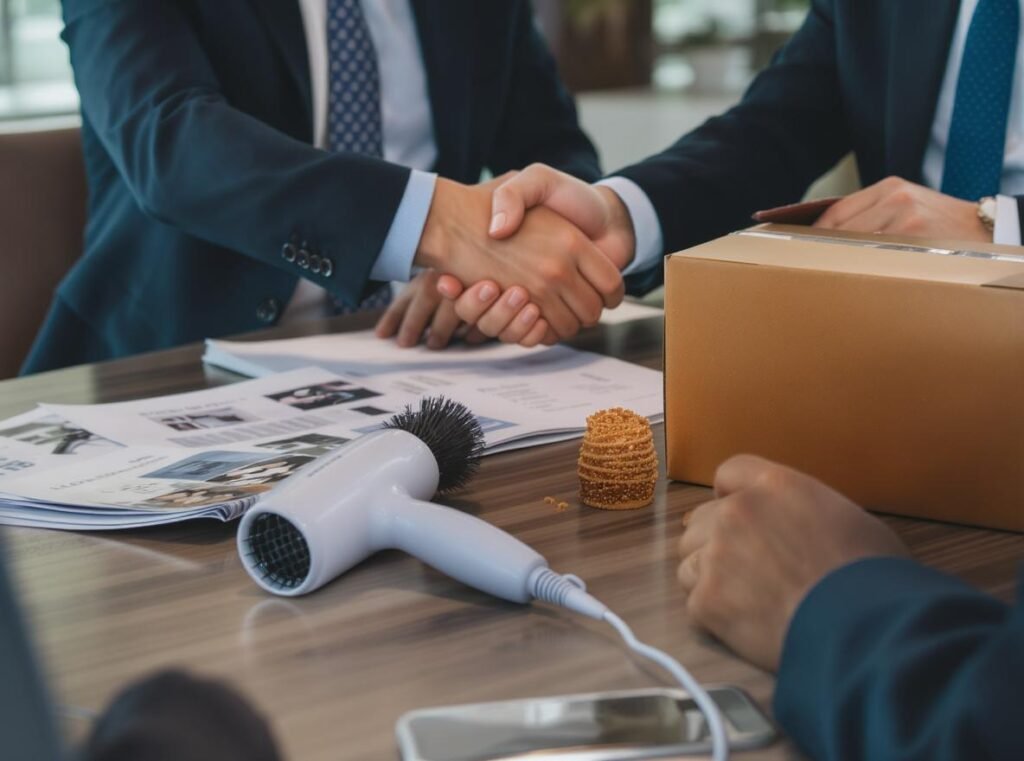Business meeting with hair dryer samples for wholesale buying decisions