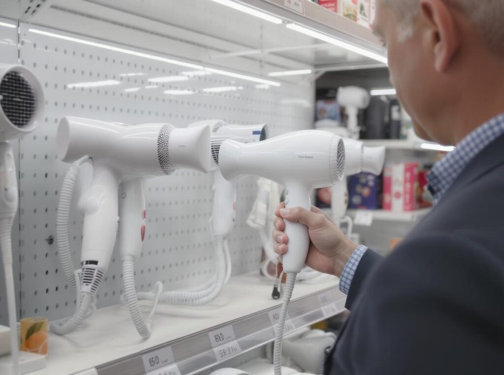 Retail store employee helping elderly customer choose appropriate hair dryer