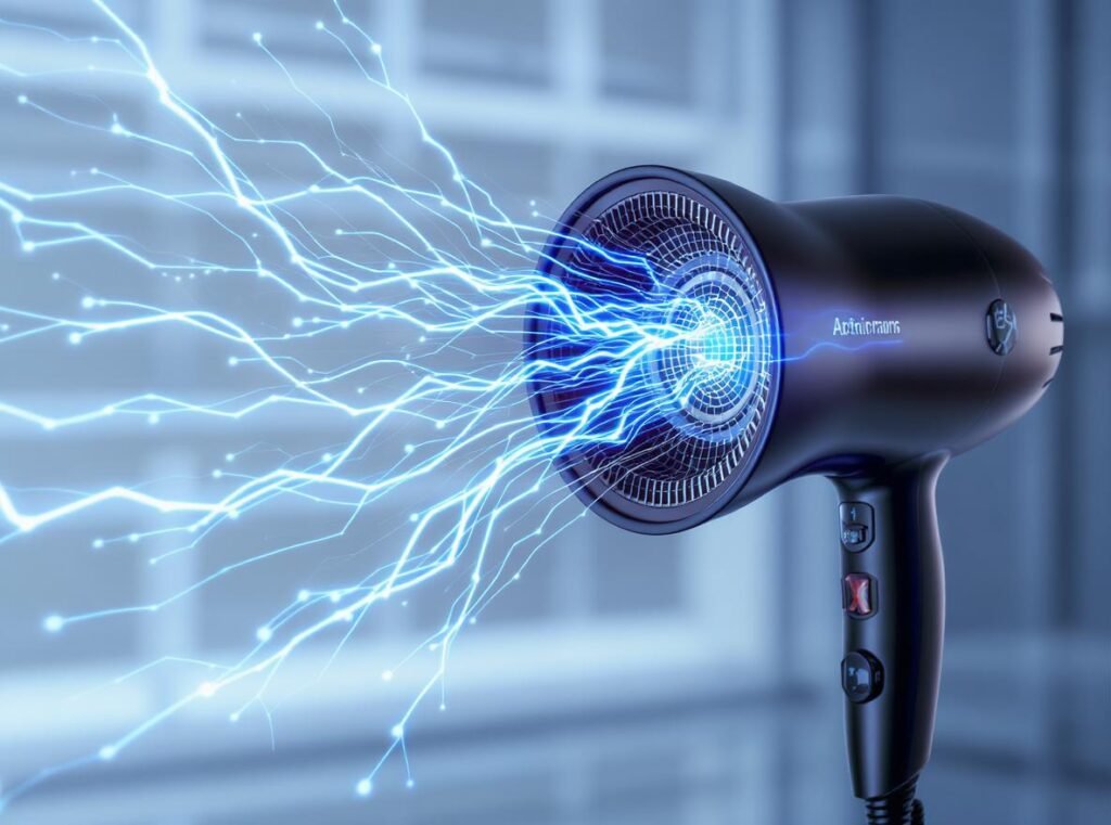 Ionic technology visualization showing negative ions reducing static electricity