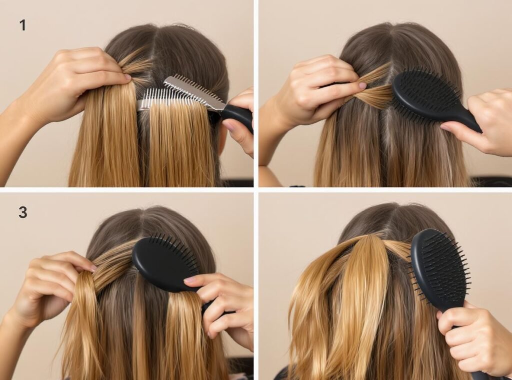 Professional hair sectioning technique for effective blow drying and frizz prevention