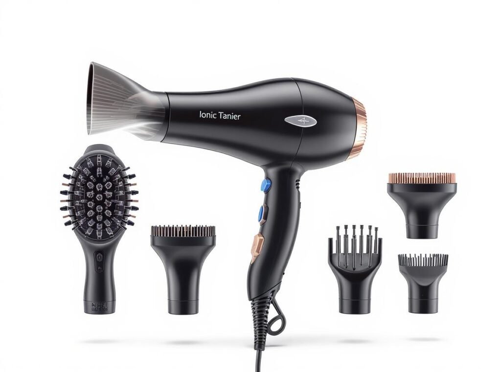 Premium ionic hair dryer with attachments and technical specifications for professional use