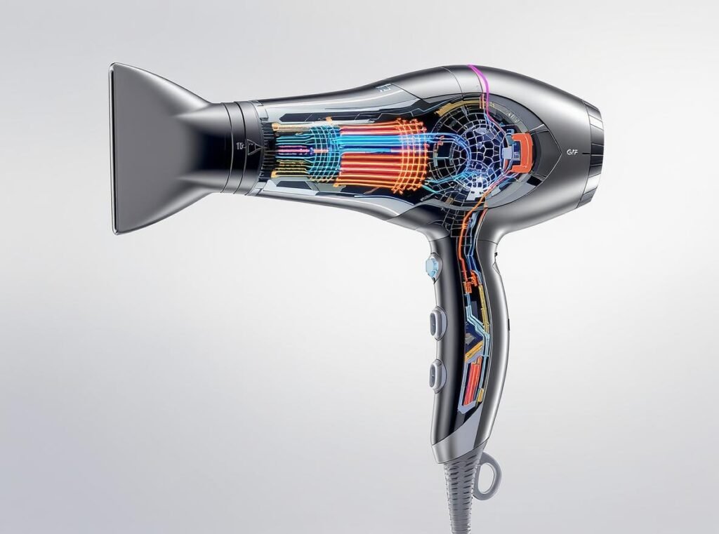 Technical cutaway view of professional hair dryer showing ionic technology and ceramic heating elements