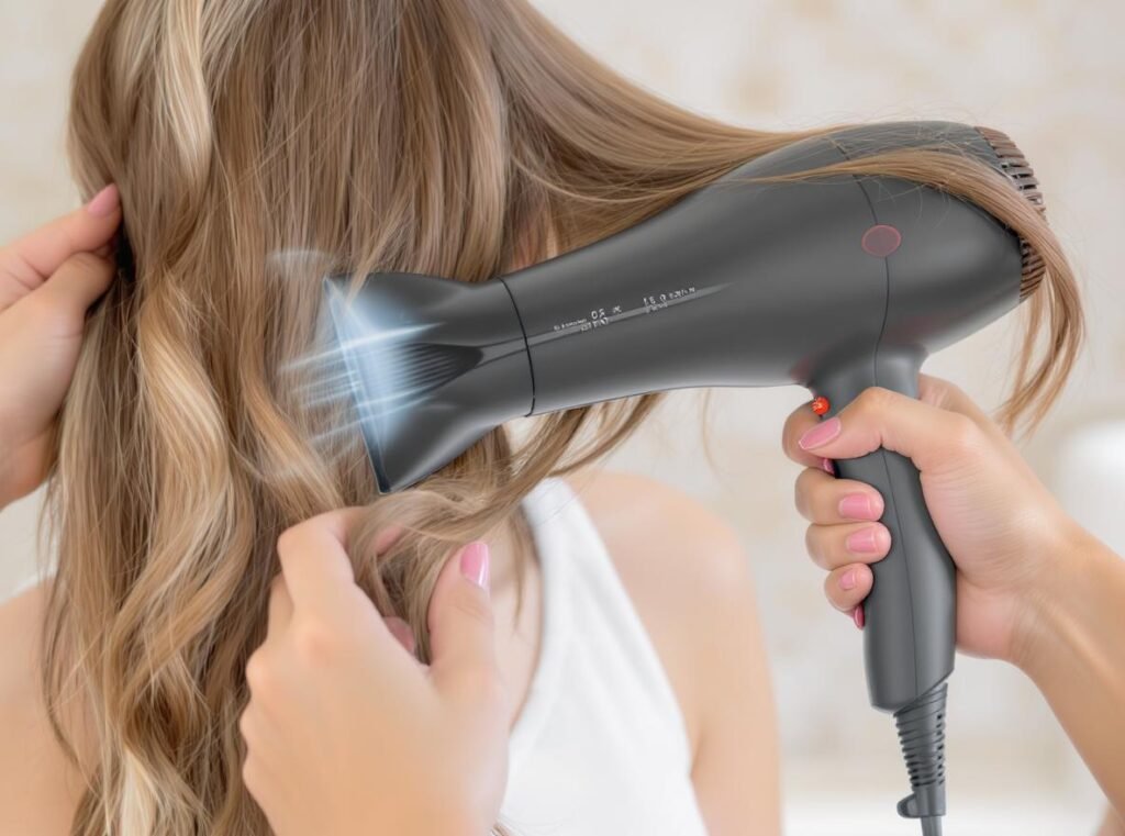 Proper hair dryer usage habits showing correct distance and heat settings