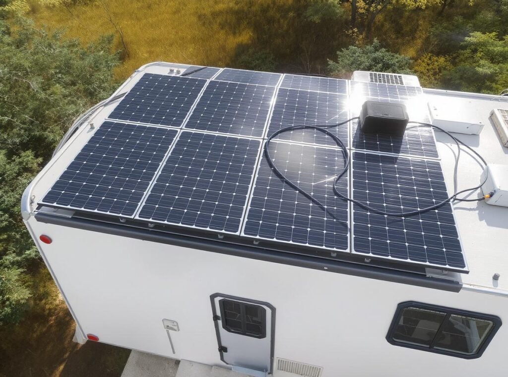 Solar panels on RV roof charging power station for hair dryer energy replacement