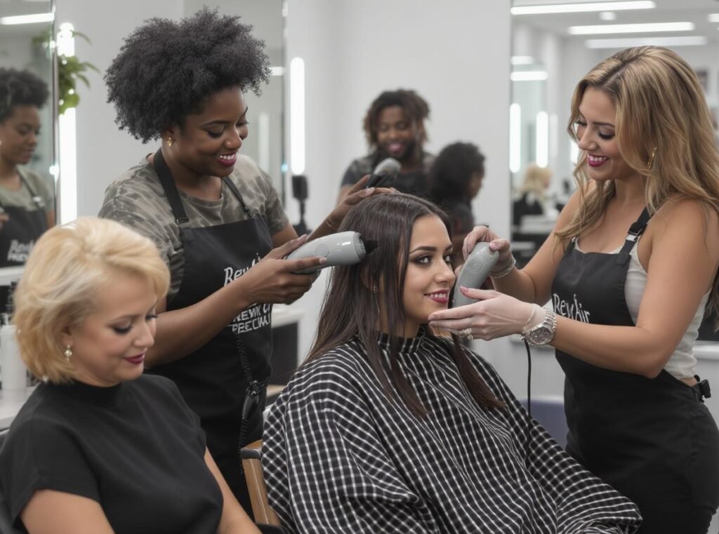 Professional stylists using RevAir in salon environment showing improved client satisfaction and reduced appointment times