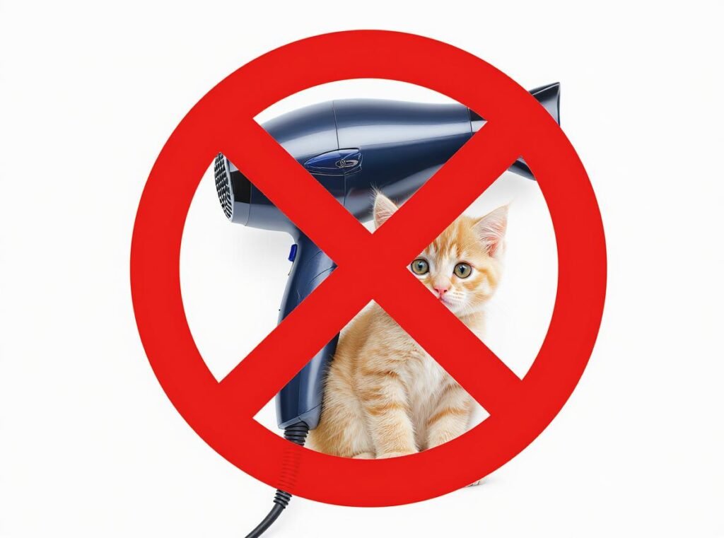 Warning sign showing when never to use hair dryer on young kittens