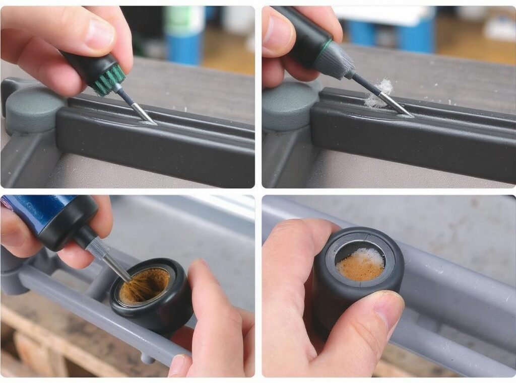 Cleaning dirty retractable cord mechanism with compressed air and brush