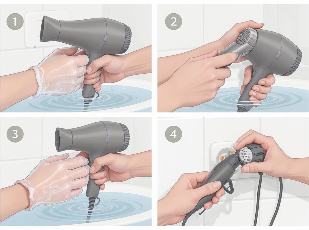 Step-by-step emergency response procedures for wet hair dryer incidents