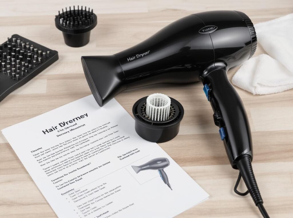 Hair dryer maintenance and service support comparison showing cleaning and warranty information