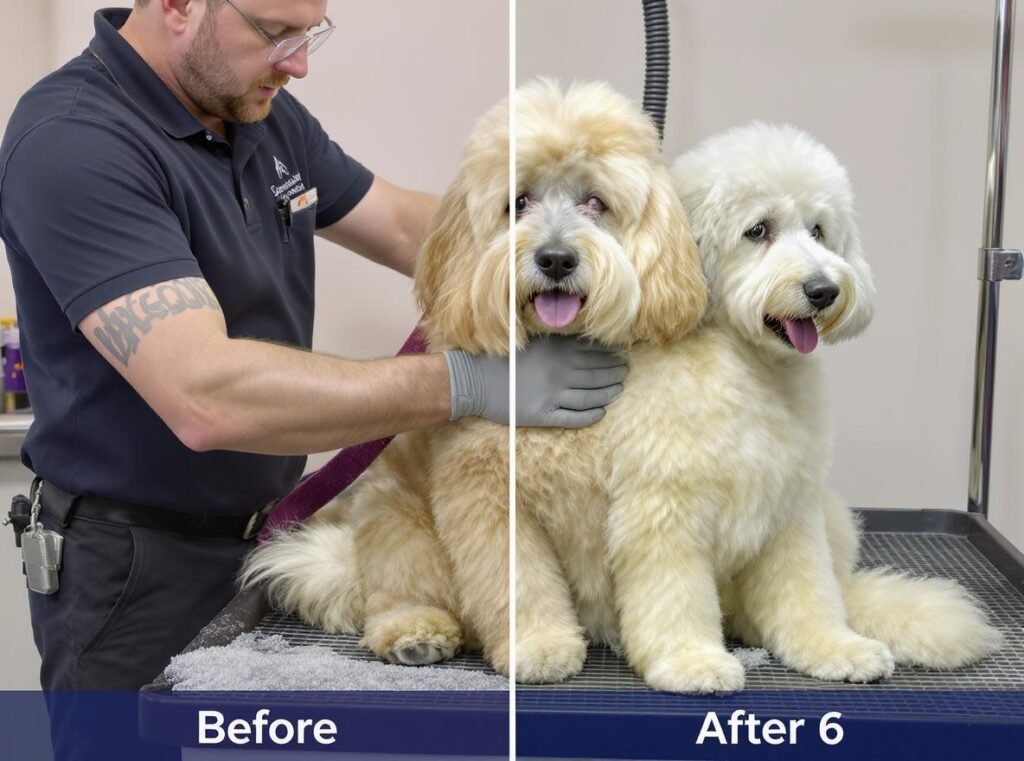 Professional dog groomer demonstrating efficient drying techniques reducing time by 30-40%