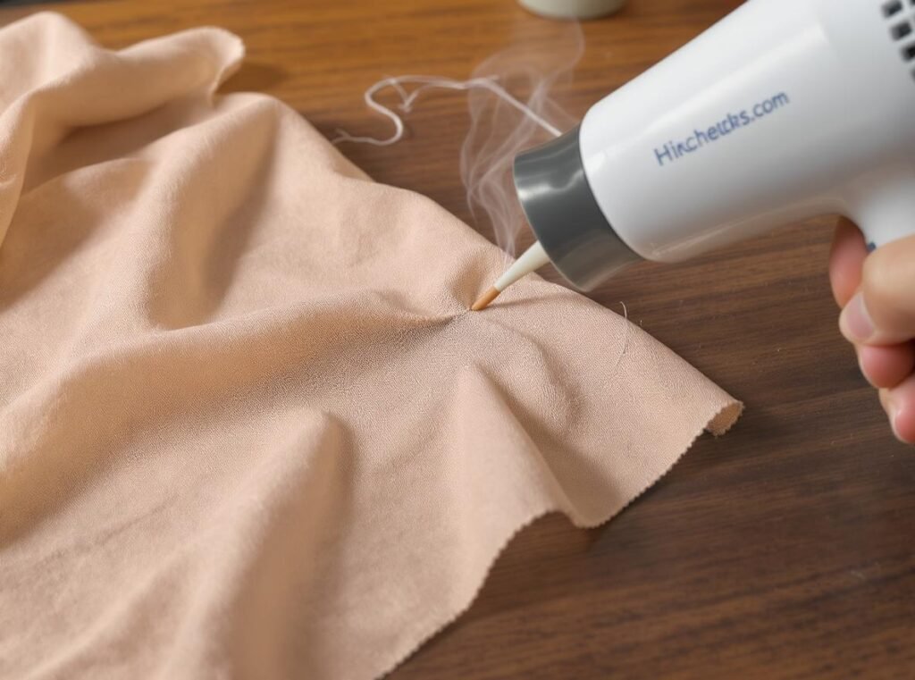 Hair dryer safely removing hot glue from delicate fabric crafting materials