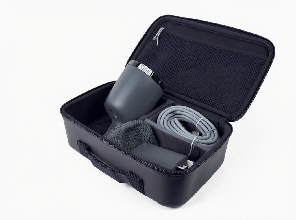 Travel hair dryer storage case with organized compartments for safe transport