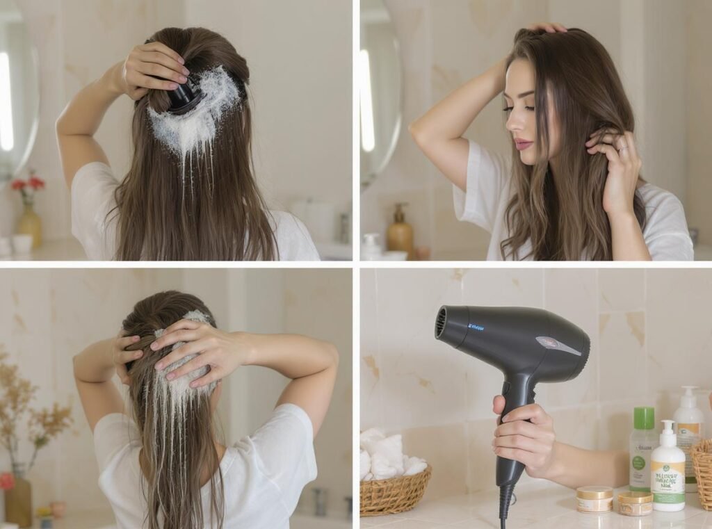 Hair care routine showing proper techniques to prevent static when using any hair dryer
