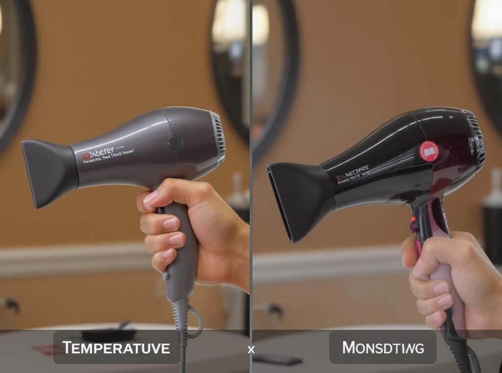 Professional vs consumer hair dryer comparison showing temperature and power differences